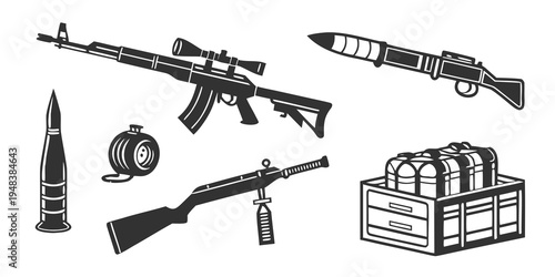 assorted weapons and ammunition on a crate Vector