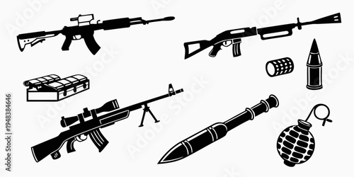 collection of various military weapons and ammunition Vector