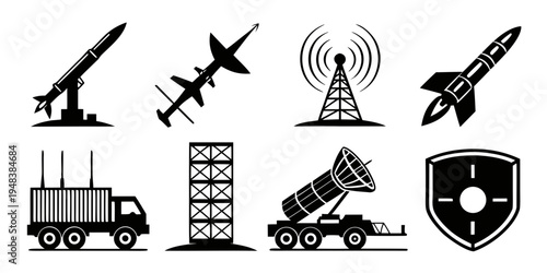 icons of various military weapons and defense systems Vector