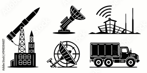 icons of various telecommunications and space exploration vehicles and structures Vector