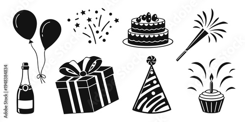 black and white icons of birthday party objects Vector