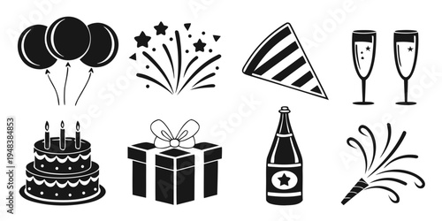 black and white icons for a birthday party Vector