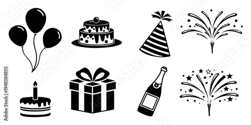 black and white icons of birthday party objects Vector