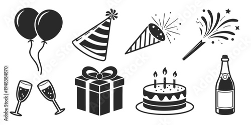 black and white illustration of birthday party objects Vector