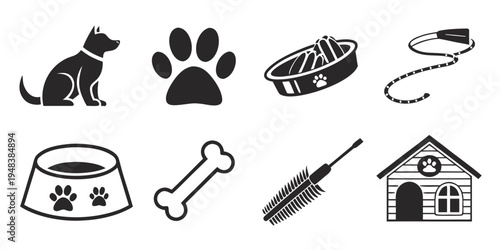 black dog icons with accessories and house Vector