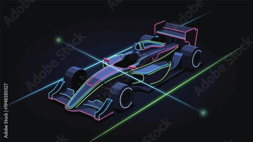 Neon-lit racing car with vibrant pink, blue, and green lines on a dark background with a cinematic feel.
