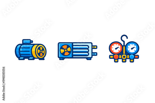 Set of HVAC icons: compressor, condenser, and manifold gauges