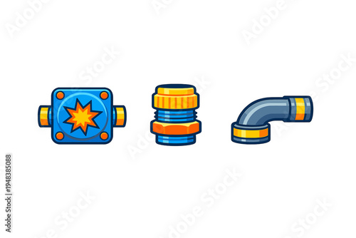 Set of stylized industrial pipes and components