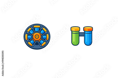 Round centrifuge and test tubes with colored liquids