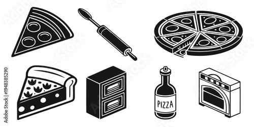 a collection of pizza related items and food Vector