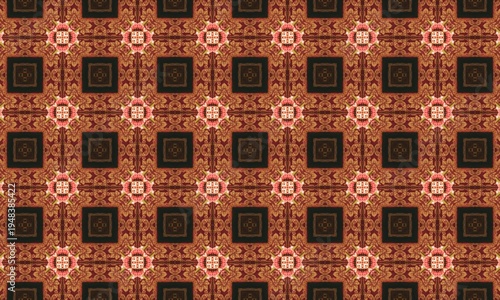 Seamless geometric pattern with intricate designs in shades of brown, pink, and black, creating a visually appealing and symmetrical mosaic background texture