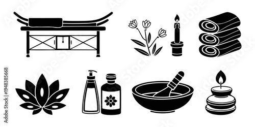 spa elements including massage table and towels Vector