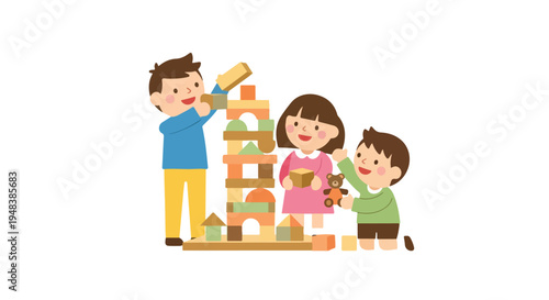 Three smiling children, two boys and a girl, joyfully build a tall structure with colorful blocks and play with a teddy bear.