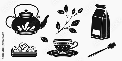 a collection of tea time items including teapot and cup Vector