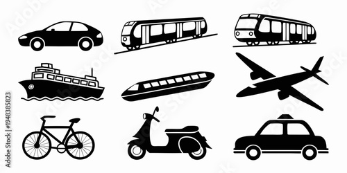 black and white icons of various vehicles Vector