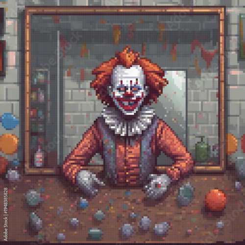 A pixel art image of a man in an orange outfit, standing in front of a messy counter with a mirror, and a bottle labeled 'Soda'.