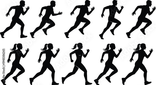 Dynamic Silhouettes of Male and Female Runners in Various Poses, Capturing Motion and Energy for Sport and Fitness Designs.
