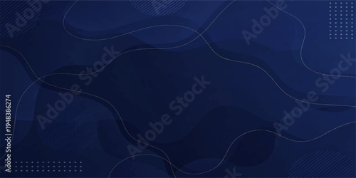 A flowing dark blue abstract background features a wave pattern of light curves and fractal smoke textures resembling silk fabric or swirling water in a motion design illustration
