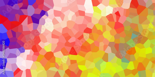 Vibrant abstract mosaic with irregular geometric shapes in a colorful spectrum of red, orange, yellow, and purple hues
