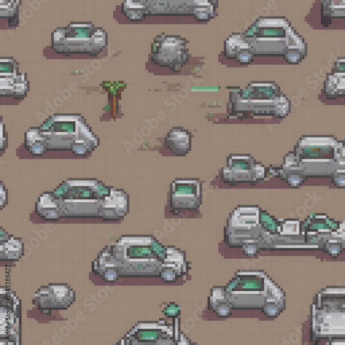 A pixel art image showcases a city scene with various vehicles, including a car with a green object, a truck, and a car with a broken door.