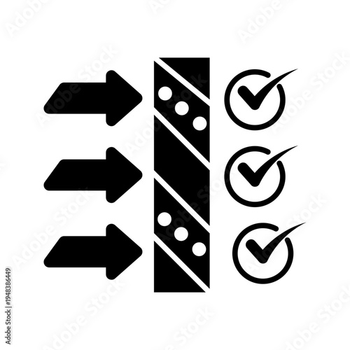 Minimal outline icon showing arrows passing through a process with check marks, representing workflow validation, quality control, approval system, and step-by-step verification.