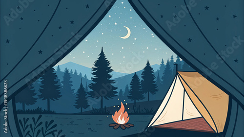Camping tent and campfire in forest under starry night
