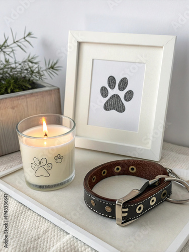 Pet memorial candle and dog collar with paw print frame