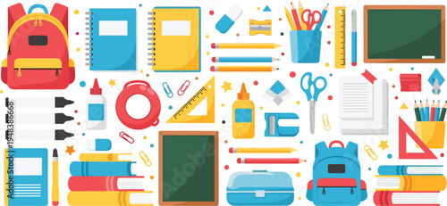 Vector Illustration of Back to School Supplies Including Notebooks, Pencils, Rulers, Scissors, Glue, Backpacks, and Chalkboards