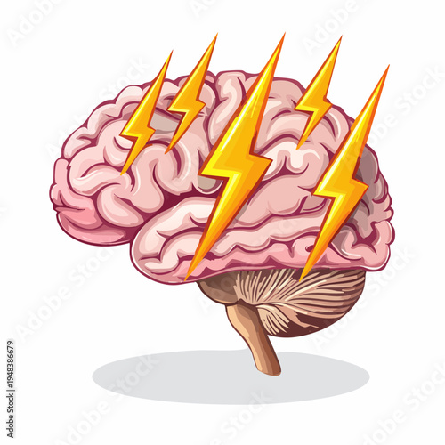 Understanding the role of the brain during a headache or migraine with lightning bolts around it