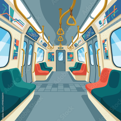 This image captures a modern subway train interior, filled with stylish seating and vibrant patterns, conveying the essence of urban transport and everyday commuting experiences.