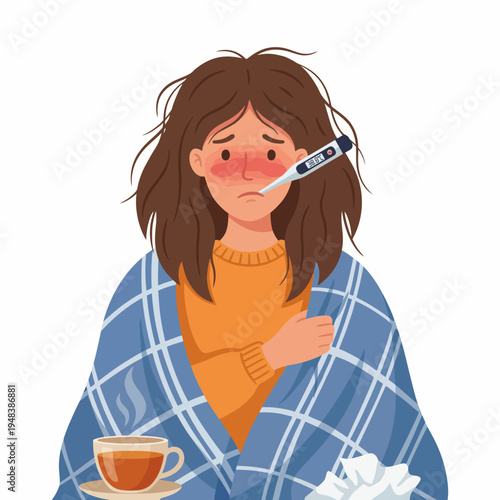 A woman wrapped in a blanket with a thermometer shows discomfort and fatigue, portraying a relatable scenario of illness and the importance of self-care during sickness.