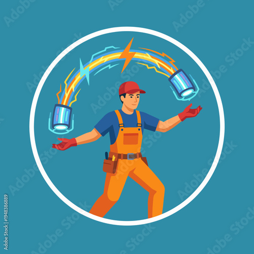 A technician in work attire juggling electric tools with a vibrant blue background, illustrating skills in electrical work and emphasizing safety and efficiency in the profession.