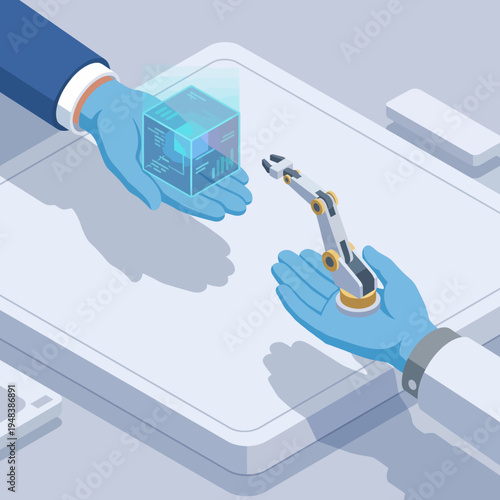 Two gloved hands exchange a high-tech cube, representing the collaboration between technology and human ingenuity, highlighting innovation in a modern context.