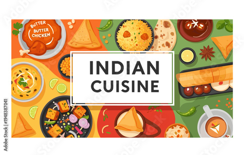 Colorful indian cuisine illustration with traditional dishes and spices