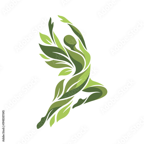 A creative illustration of a figure embodying movement and freedom, designed with green leaves emphasizing nature and vitality in artistic expression.