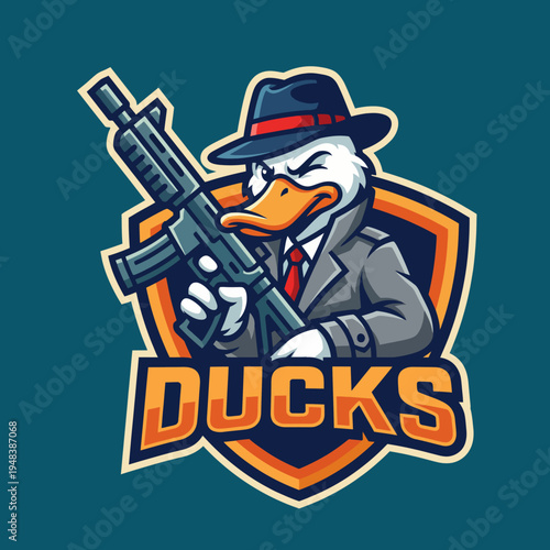 A humorous yet edgy mascot design featuring a tough duck character holding a gun, set against a bold backdrop that combines playful and serious elements.