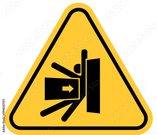 Crushing hazard warning sign pictogram of a person being compressed by machinery safety symbol for industrial danger isolated on white background