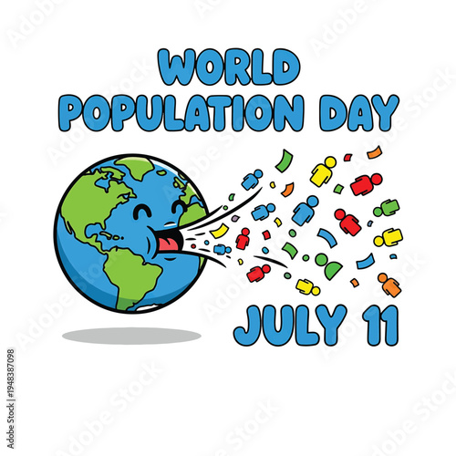 World Population Day Earth Character Celebration with Exploding Confetti Figures