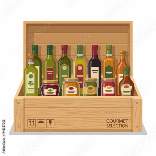 This image showcases a gourmet selection of diverse bottled products in a wooden crate, representing culinary sophistication, quality, and an invitation to explore various flavors and tastes.