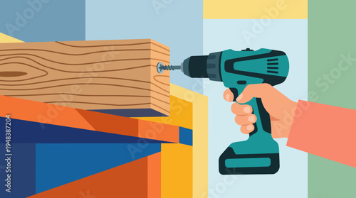 A close-up illustration of a hand holding a power drill driving a screw into a wooden block, symbolizing DIY projects and craftsmanship in modern woodworking.