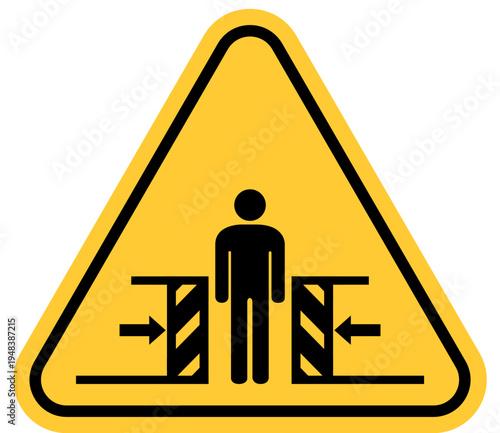 Crushing hazard warning sign pictogram of a person caught between two pressing machines safety symbol for industrial danger isolated on white background