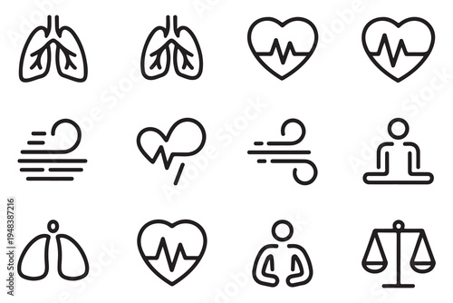 Vector Icon Set for Healthcare and Wellness Featuring Lungs Heart and Balance Icons