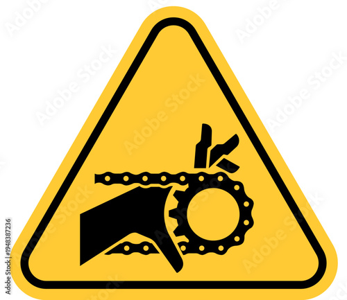 Warning sign for crushing hazard from chain and gear mechanism industrial safety symbol for machinery danger isolated on white background