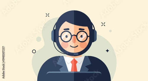 Cheerful person in headset and glasses, flat illustration