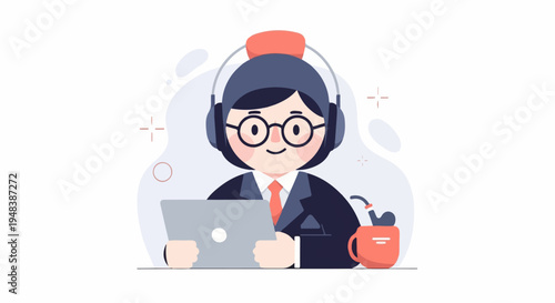 Cheerful person in headphones works on laptop near coffee