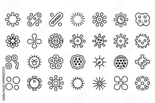 Set of bacteria and virus line icons, microbiology and medical science symbols, pathogen and microorganism collection