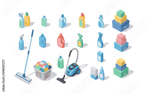Variety of cleaning supplies and tools in isometric view
