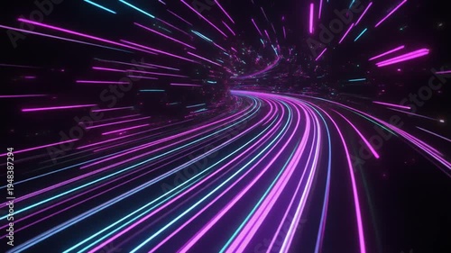 Abstract Futuristic Digital Data Tunnel with Glowing Neon Light Streaks and High-Speed Motion