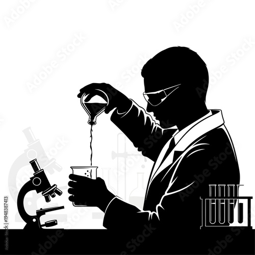 scientist in lab pouring liquid into beaker