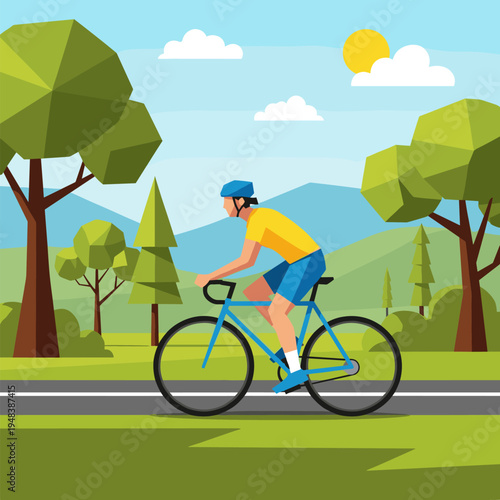 Caucasian male adult cycling on scenic road in sunny mountain landscape